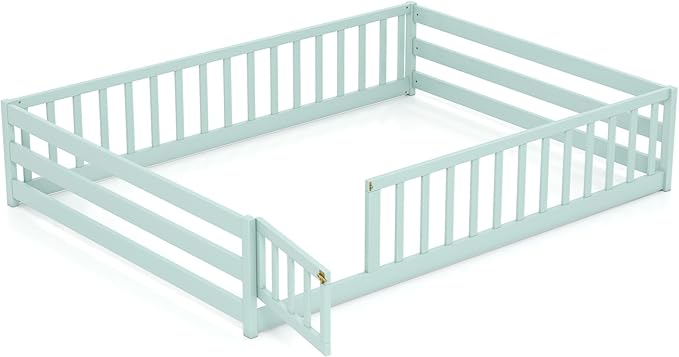 KOMFOTT Full Size Wood Floor Bed with Door & Fence, Montessori Bed Frame with Full Length Safety Guardrails, Door & Latch, Wooden Montessori Floor Bed for Kids, Girls, Boys (Full,Light Green)