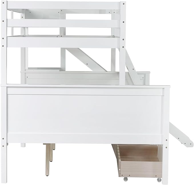 Twin Over Full Bunk Bed with 2 Drawers and Slide, Wood Bunk Bed Frame with Shelves and Ladder, Space Saving Design Bunk Bed for Kids Teens Boys Girls (White-x32c)