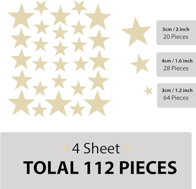 Wall Decals for Kids Room (Beige, Mix Star 112 Pcs)