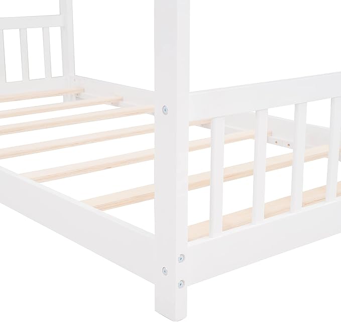 Ball & Cast Twin Size Floor Bed,Low to Ground Design Montessori Bed with Roof,Toddler House Bed Frame W/Slats,No Box Spring Needed,for Girls Boys,White