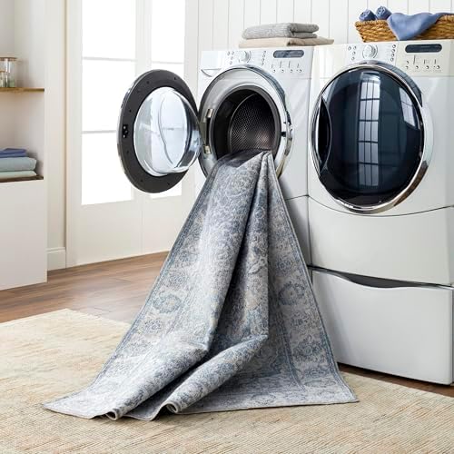 Mark&Day Washable Rugs, 8x10 Elsmore Traditional Navy Blue Area Rug, Blue Ivory Orange Carpet for Living Room, Bedroom or Kitchen (7'10" x 10'2", Machine Washable)