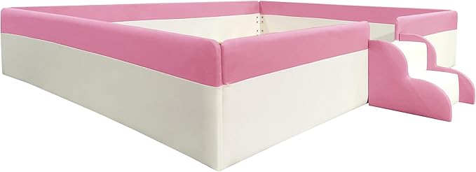 Queen Size Upholstered Daybed Frame with Fence and Stairs, Montessori Kids Floor Bed with Sturdy Slat Support for Kids Boys Girls