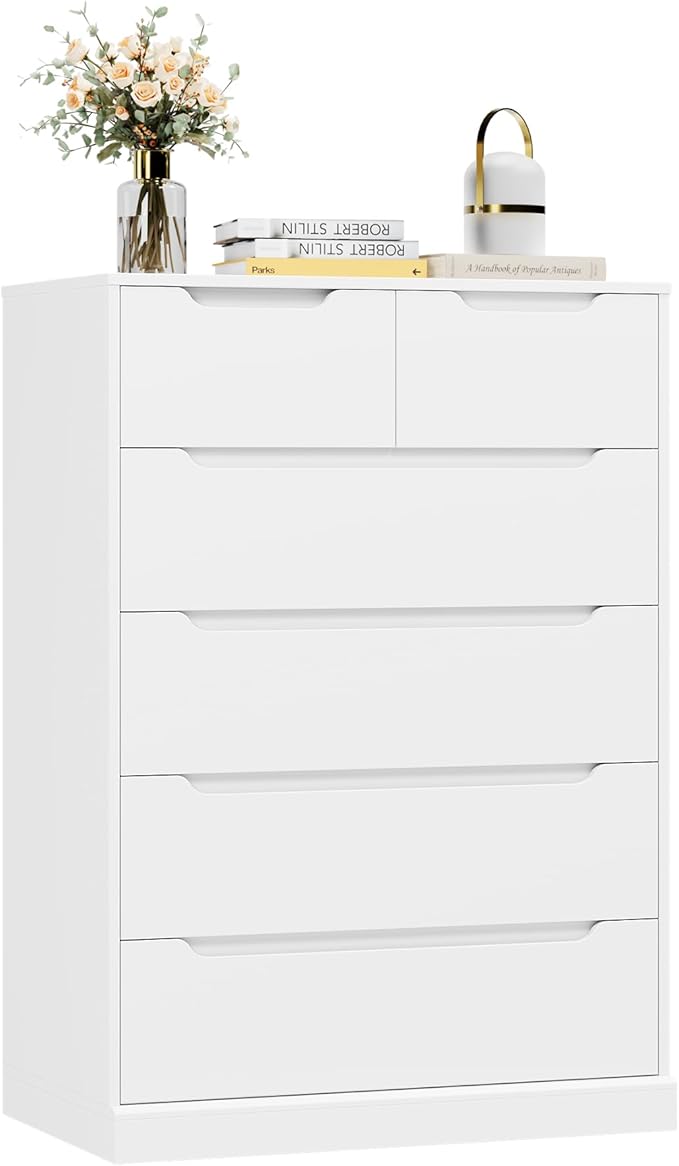 HOSTACK Modern 6 Drawer Dresser for Bedroom, Tall Chest of Drawers with Storage, Large Wood Storage Chest Organizer with Cut-Out Handle, Accent Storage Cabinet for Living Room, Entryway, Classic White