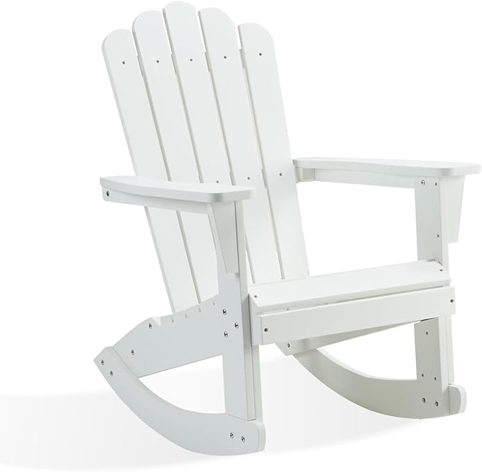 Psilvam Outdoor Adirondack Rocking Chair, Poly Lumber Porch Rocker with High Back, Patio Rocking Chair for Both Outdoor and Indoor (White)