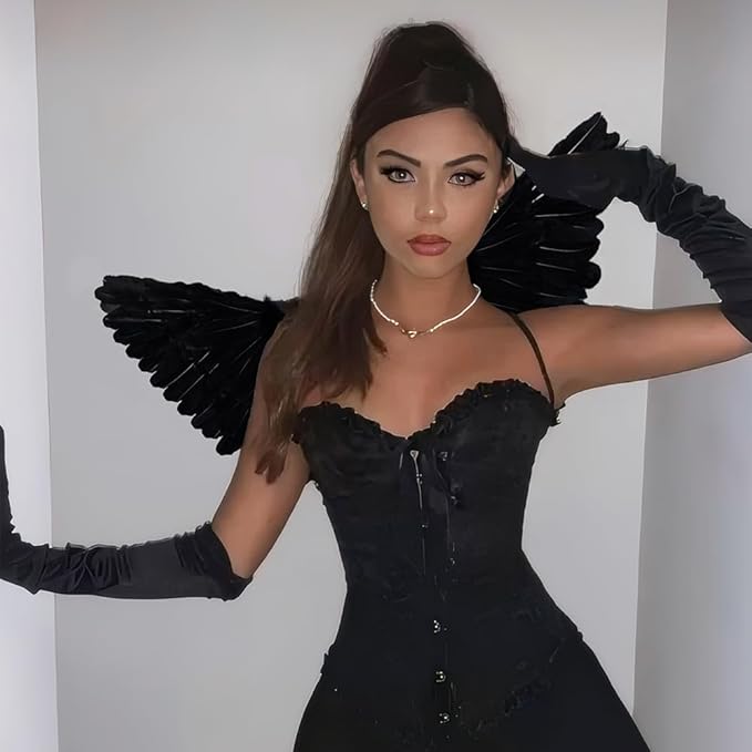 SEVADA Black Angel Wings and Halo for Adult Women, Dark Devil Fallen Feather Angel Wings for Kids Girls