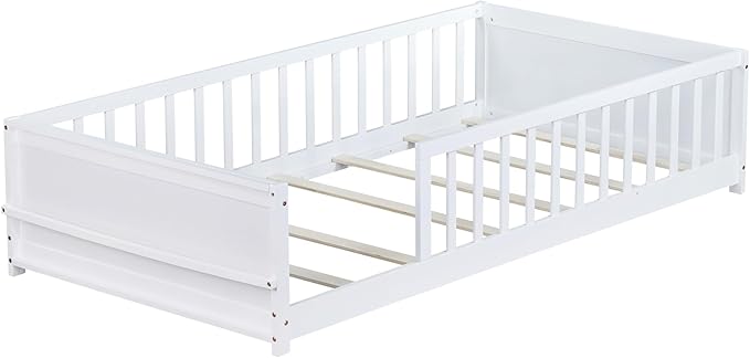 Floor Bed with Rails Twin Size, Wood Montessori Floor Bed with Storage Bookcase, Kids Bed Frame with Fence for Boys Girls, White