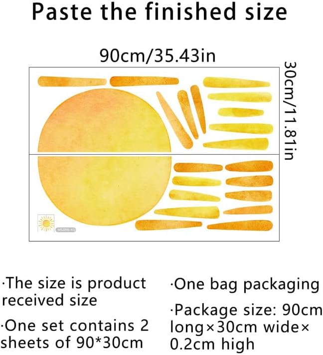 41.7” X 39.8” Watercolor Boho Sun Wall Decals Peel and Stick, PVC Sunrise Wall Stickers, Yellow Sunshine Wall Art Decor for Kids Room Playroom Nursery Bedroom