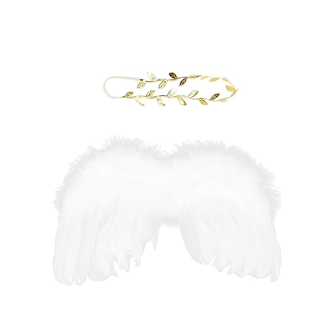 2PCS White Angel Wings With Gold Leaf Headband For Newborn Infant Photography Props Soft Feather Wings For Kids Photo Outfits Baby Girls Costume(Color H, One Size)