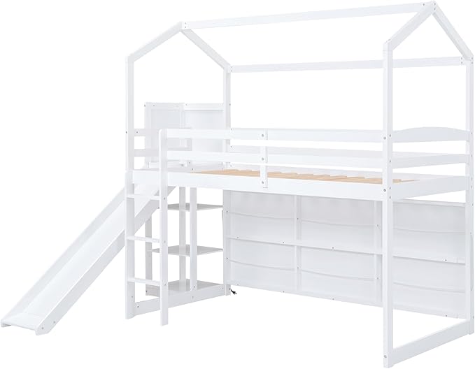 Flieks Twin Size Wood House Loft Bed Frame for Boys Girls Kids Adults Toddler with Slide, Storage Shelves and Light, White