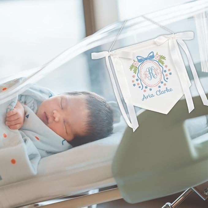 Embroidered Baby Name Sign with Bows Personalized Baby Announcement Sign Newborn Baby Banner Baby Hospital Name Sign Canvas Hanging Pennant Flag Custom Infant Baby Name Baby Shower Banner (13)