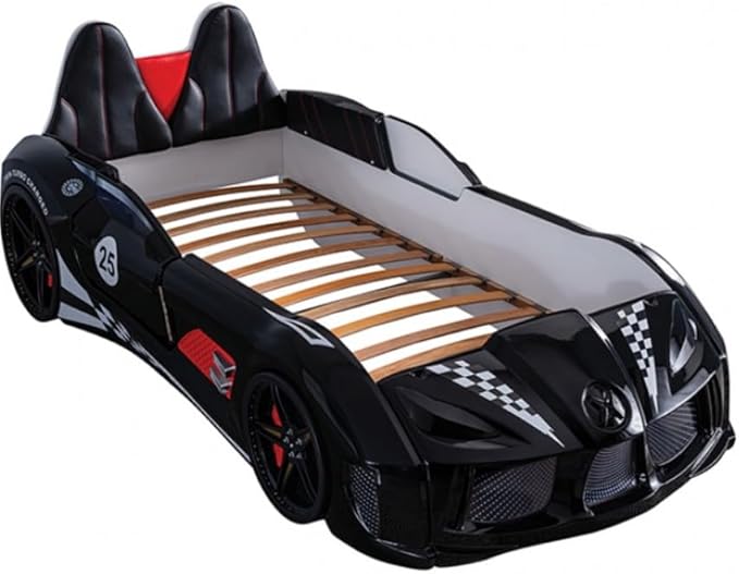 MASARA Race Car Twin Bed with LED Lights, Music Player, Magnetic Doors (Black)