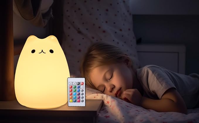 ZKLiLi Cute Remote Cat Nursery Night Lights USB Rechargeable Cat Lamp Nightlight Birthday Christmas Gift with Warm White and 7-Color Breathing Modes for Kids Baby Children (renqimao)