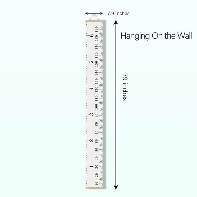 Growth Chart for Wall with Clear Adhesive Hook, Waterproof Canvas Adult Growing Kids Baby Height Measuring Hanging Ruler, 6.56 Feet for Nursery, Child Room Decor (Wood Frame, 78.7"x7.9" Simple)