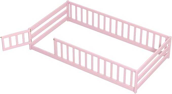 KOMFOTT Twin Size Wood Floor Bed with Door & Fence, Montessori Bed Frame with Full Length Safety Guardrails, Door & Latch, Wooden Montessori Floor Bed for Kids, Girls, Boys (Twin,Pink)