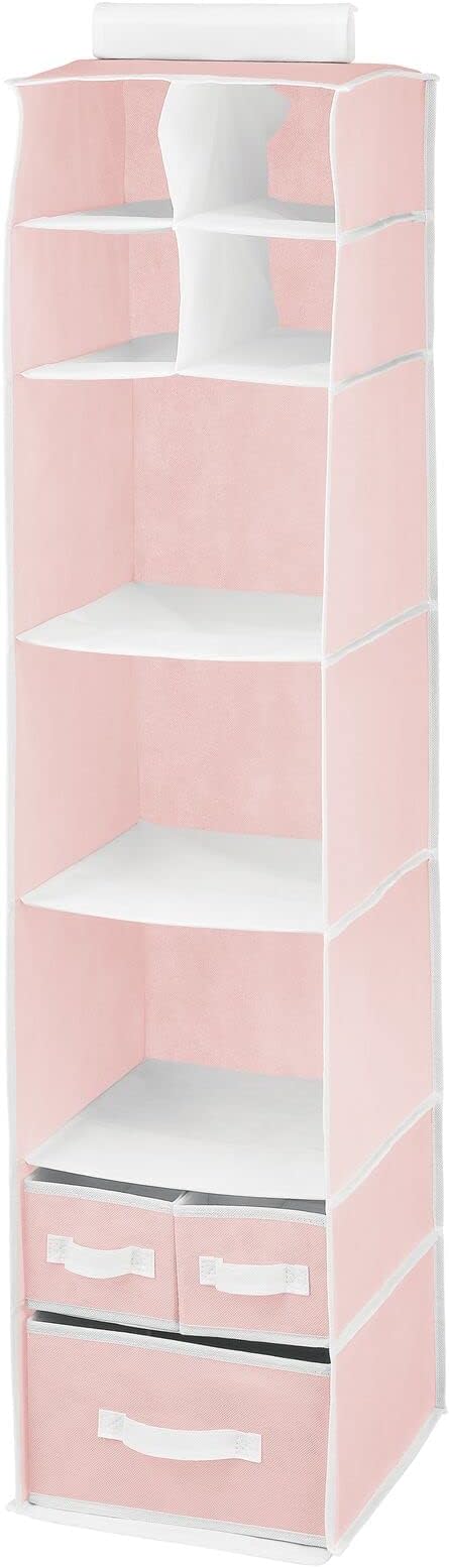 mDesign Fabric Hanging Organizer - Over Closet Rod Storage - 7 Shelves/3 Removable Drawers for Baby Nursery or Bedroom Organization, Holds Clothes, Toys, Accessories, Jane Collection, Pink/White
