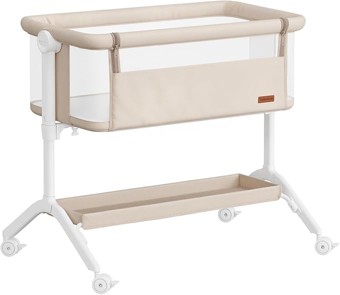 Bassinet Bedside Sleeper - All-Mesh Design, Portable Bedside Bassinet for Baby with Washable Mattress, 5 Adjustable Heights(Beige)