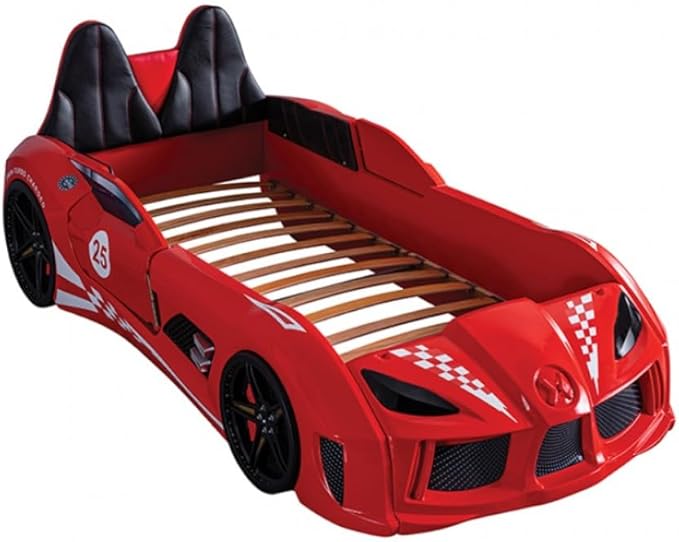 MASARA Race Car Twin Bed with LED Lights, Music Player, Magnetic Doors (Red)