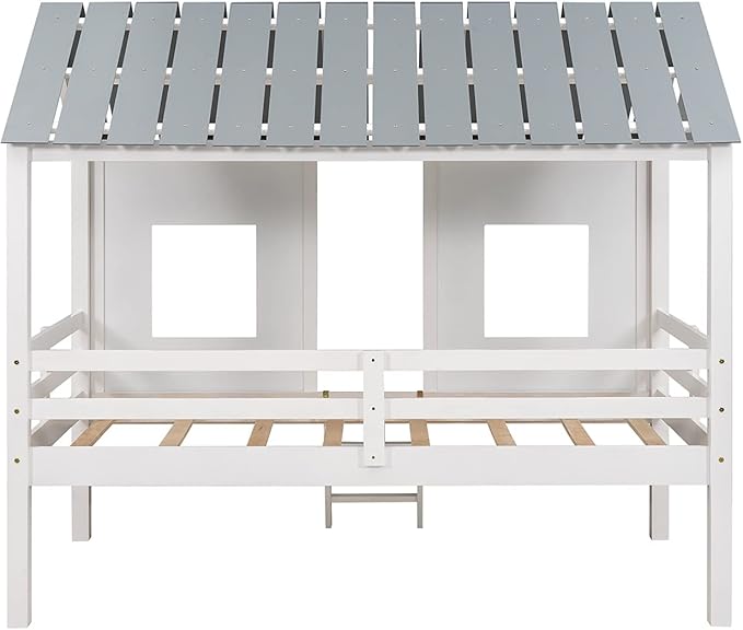 Merax Twin Size Wooden House Bed, Low Loft Bed Frames with Two Front Windows and Roof for Girls and Boys, White(Grey Roof)