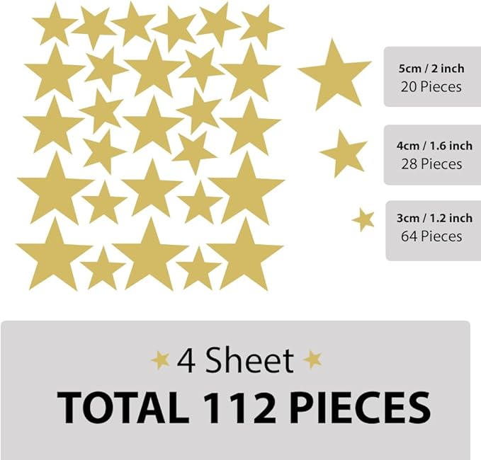 112-Piece Gold Star Wall Stickers – Mix Sizes (1.2", 1.6", 2") Self-Adhesive Premium Vinyl Stars for Bedroom, Nursery, and Kids Room Décor – for Walls, Furniture & Glass