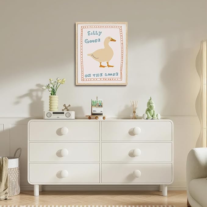 KISSFOX Framed Wall Art Nursery Wall Decor Silly Goose Pictures Kids Cute Animal Canvas Art Yellow Boho Paintings Artwork For Children Boys Girls Room