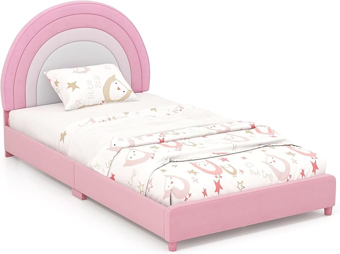 Costzon Twin Bed Frames with Adjustable Headboard, 660 LBS Weight Capacity Upholstered Wooden Kids Bed w/Slats Support, No Box Spring Needed, Easy Assembly, Twin Platform Bed Frame (Pink Rainbow)