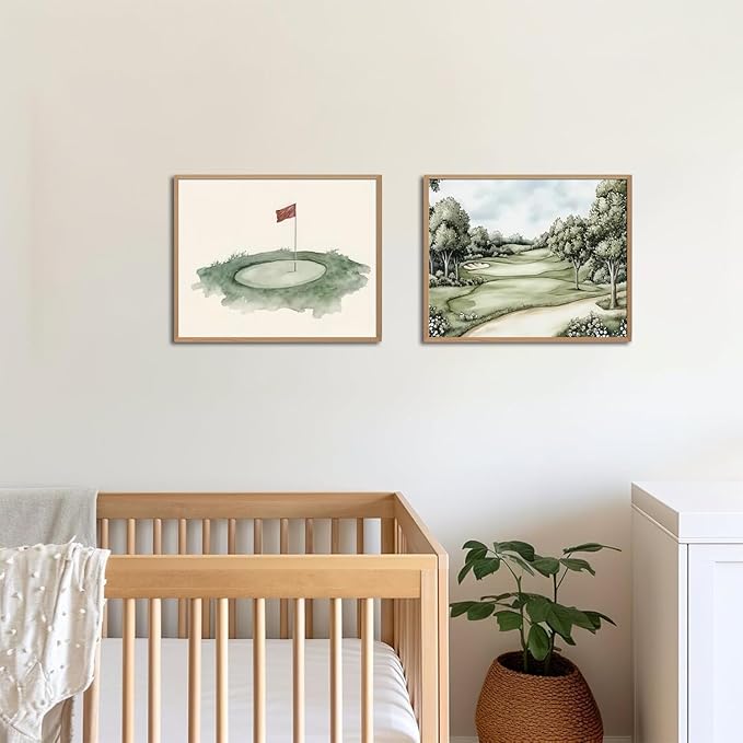 Mynotix Golf Nursery Canvas Poster Set of 6, Vintage Baby Boy Golf Sport Wall Art Teddy Bear Sage Green Kids Wall Decor Print for Living Room Bedroom Children's Room Unframed 8x10 inch