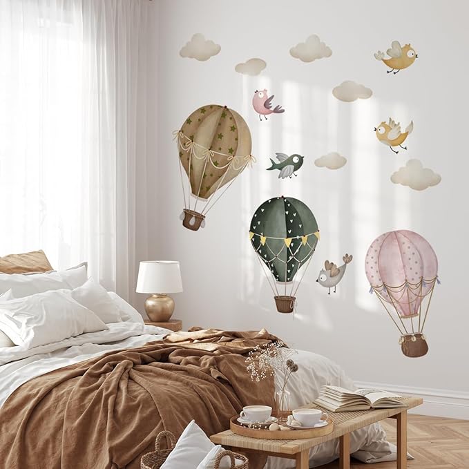 Boho Vintage Hot Air Balloon Bird White Cloud Wall Decal,Hot Air Balloons Wall Decals,Hot Air Balloons in The Sky Wall Stickers,Peel and Stick Removable for Kids Nursery Bedroom Living Room Decor