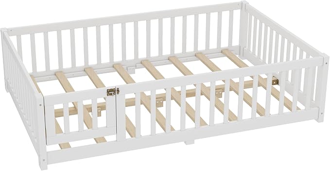 Bellemave Full Size Floor Bed with Rails for Kids, Girls, Boys, Pine,Plywood Floor Bed with slats and Door, White
