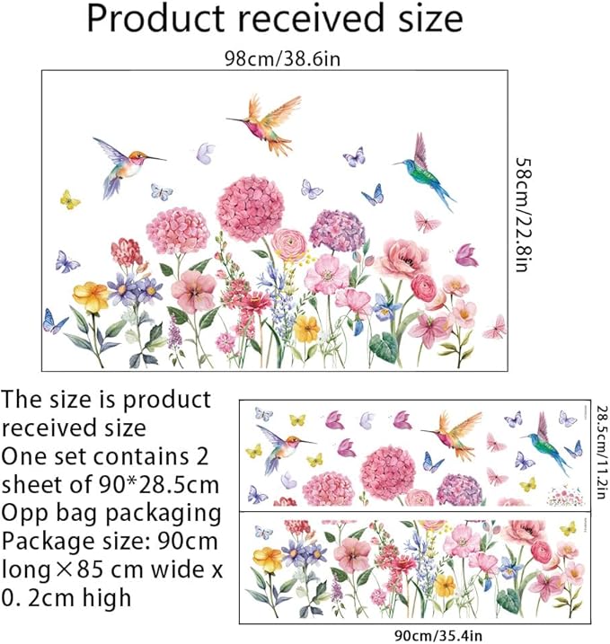 Pink Flowers Wall Sticker Peel and Stick Plant Floral Wall Decal DIY Removable Butterfly Bird Wall Art Murals Watercolor Daisy Flower Wall Sticker for Bedroom Princess
