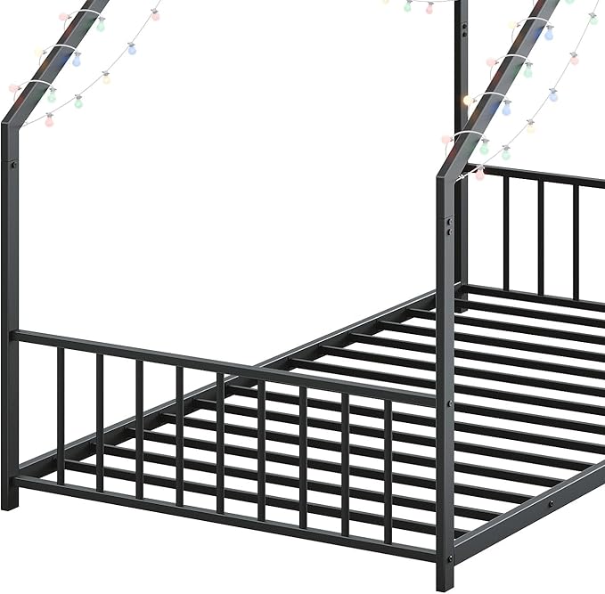 Bellemave Twin Size Montessori Floor Beds with Slats for Kids, Metal Twin House Bed for Kids, Black with Slats and Lights