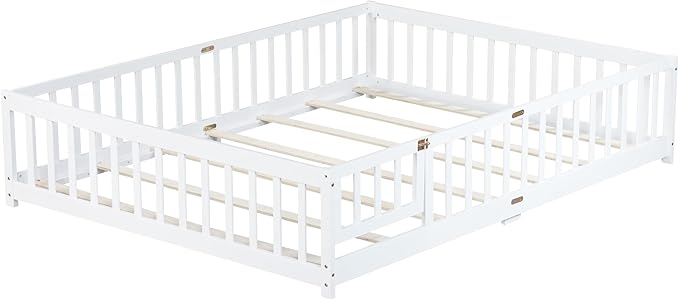 Queen Size Floor Bed with Fence and Door,Easy to Assemble Wood Bedstead,Platform Bed w/Safety Guardrails/Near The Ground,White