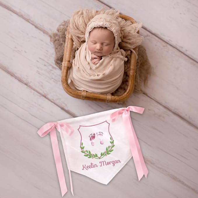 EMBROIDERED Name Baby Banner, Baby Flag with Monogram Name, Personalized Baby Name Sign, Customizable Baby Name, Baby Announcement Sign for Hospital (04 - footprint)