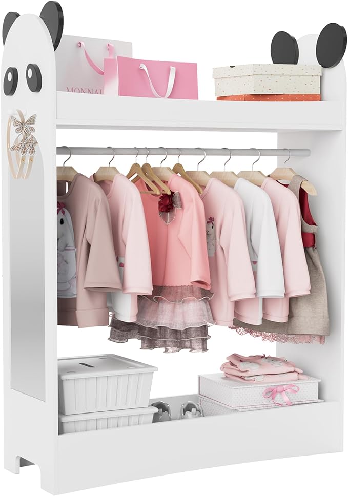 Kids Dress Up Storage Rack Mirror Wood Child Wardrobe 2 Hooks 2 Fabric Bins Toddler Closet Girls Boys Open Hanging Armoire Storage Shelf Coat Costume Hat Shoe (White)
