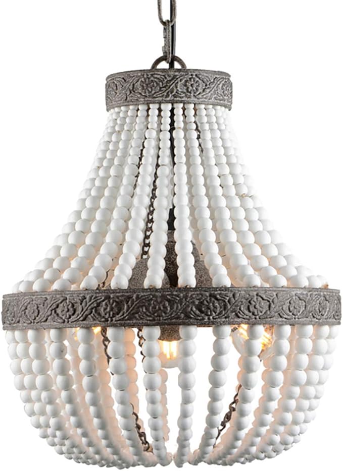 VILUXY 3-Light Bohemia Wood Beaded Chandelier Antique Rustic Pendant Light White Finishing for Bedroom, Kitchen Island, Girl Room