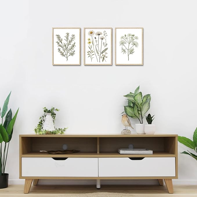 CHMMART 3 Piece Botanical Wildflower Framed Wall Art Floral Canvas Art Prints Green Plant Paintings Wall Decor Flower Pictures Artwork for Living Room Bedroom Bathroom 12x16in