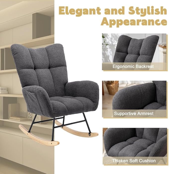 Nursery Rocking Chair Teddy Upholstered Glider Rocker Accent Chair with High Backrest Armchair Comfy Side Pocket Modern Rocking Accent Chairs for Living Room, Nursery, Office(Neutral Gray)