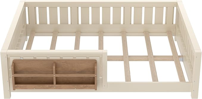 Bellemave Full Size Floor Bed with Slats and Safety Guardrail, Full Size Montessori Floor Bed with Fence and Built-in Bookshelf, Easy Assemble Montessori Beds for Kids, Girls, Boys, Beige