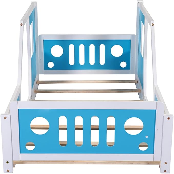Bellemave Twin Car Bed Frame, Classic Car-Shaped Toddlers Bed with Wheels, Wooden Montessori Floor Bed for Kids (Blue & Black)