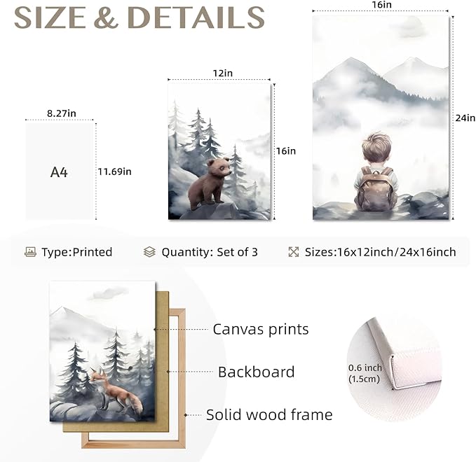 kilamino Neutral Woodland Wild Animal Wall Art, Cute Bear Fox Nursery Wall Decor, Adventure Boy Poster Prints, Vintage Forest Animal Canvas Paintings for Baby Room Classroom Playroom Framed 12"x16"x3