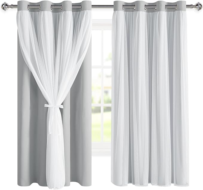 DWCN Layered Curtains for Living Room Blackout and Sheer Curtains Grommet Top Window Treatments with Sheer Overlay for Bedroom, 52 W by 63 L, Cloud Grey, 2 Pieces