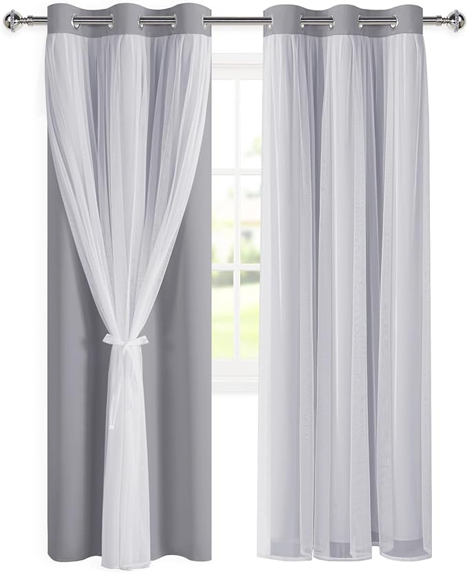 DWCN Layered Curtains for Living Room Blackout and Sheer Curtains with Tiebacks Grommet Top Curtain Panel Pair with Sheer Overlay for Bedroom, 38 W by 84 L, Grey