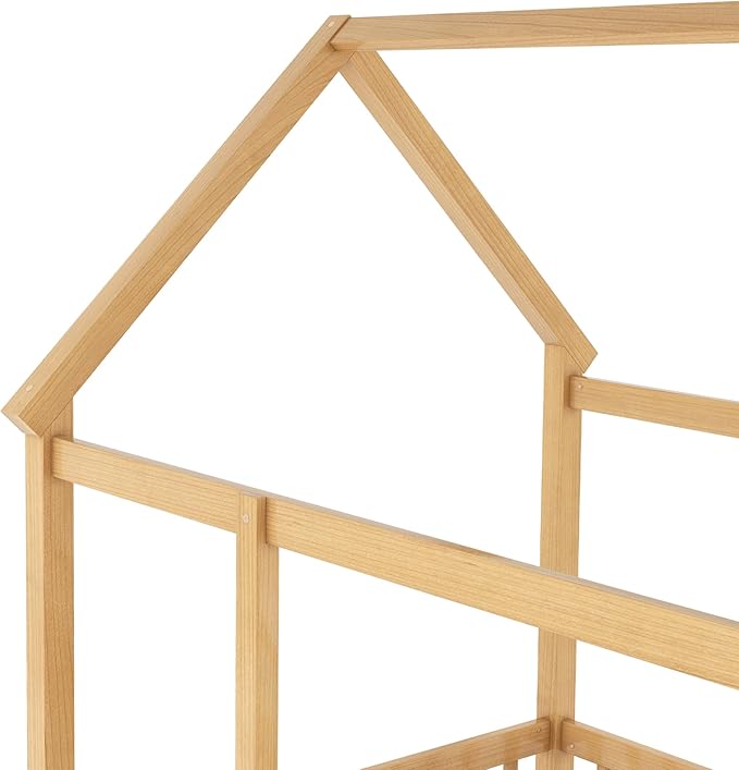 Twin Size House Bed with High Fence for Kids,Twin Floor Bed Frame, Kids Montessori Bed Twin Size,Solid Wood House Bed Frame for Boys,Girls,Natural