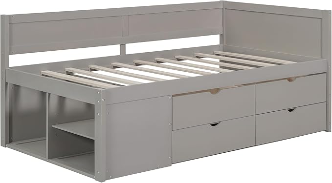 Twin Size Daybed with 4 Storage Drawers and Shelves, Wooden Twin Platform Bed Frame with L-Shaped Headboard and Slats Support, Corner Bed Twin Captain Beds for Kids Boys Girls Teens, Gray