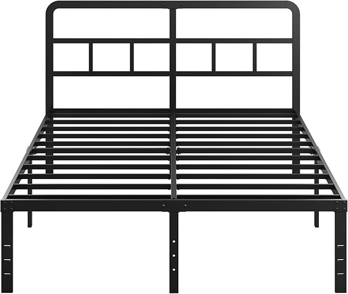 16 Inch Full Size Bed Frame with Headboard No Box Spring Needed, Heavy Duty Metal Platform with Steel Slat, Mattress Foundation, Easy Assembly, No Noise, Black