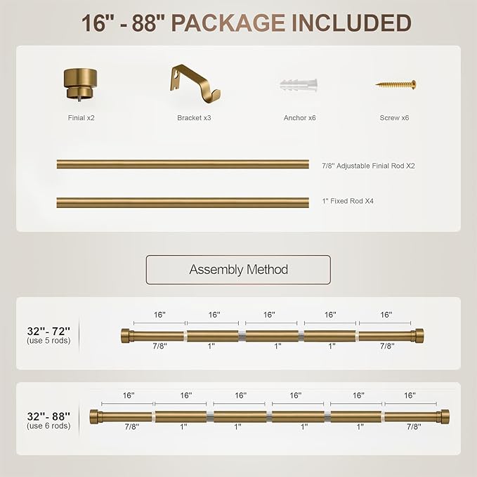 Brass Curtain Rods for Windows 48 to 84 Adjustable Modern Gold Curtain Rod 1 inch Diameter Heavy Duty with Solid Metal Finials for Living Room Bedroom Farmhouse Outdoor Patio