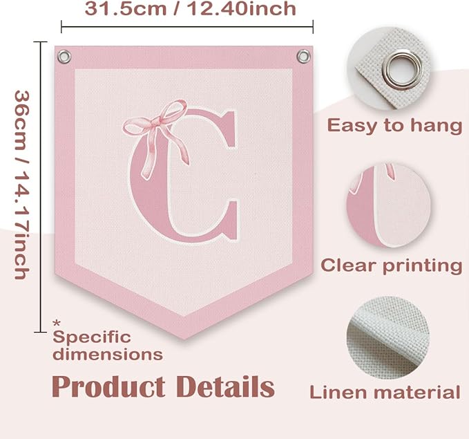 Lacama Initial Personalized Preppy Banner, Baby Girl Nursery Shower Decor Gifts, Coquette Pink Bow Teen Girl Gifts, Vintage Room Decor Toddler Room Bedroom Playroom Front Door Birthday Gift(C)