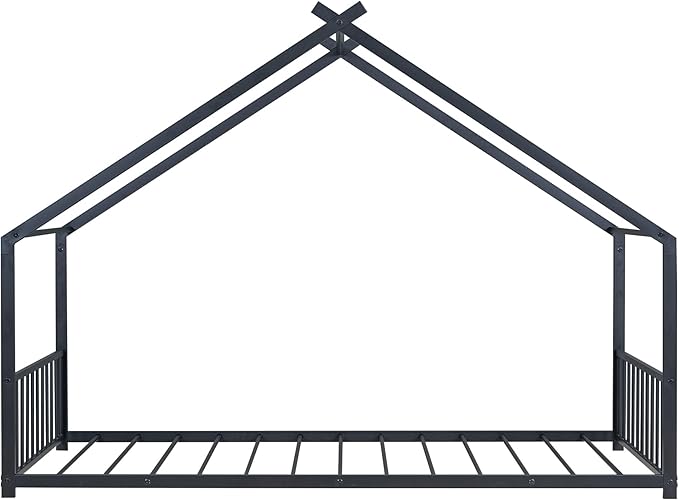 Twin Size House Shaped Montessori Platform Beds, Wood Floor Bed Frame with Roof and Fence Deisgn, Kids Double Toddler Bed for Children Boys Girls, Easy Assemble, No Box Spring Needed, Black