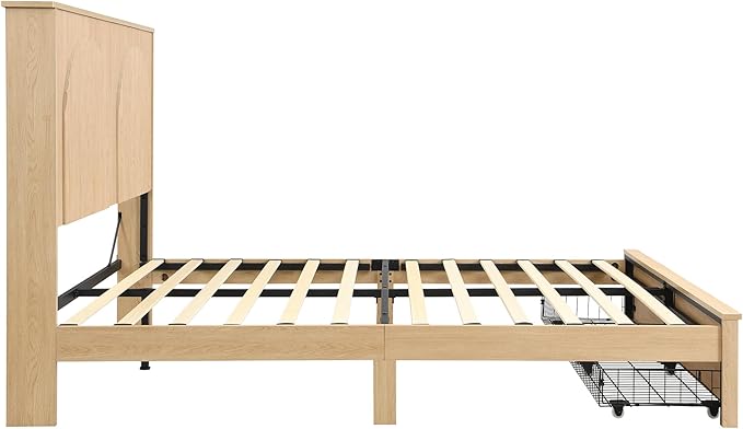XIAOWEI Fluted Full Size Bed Frame with 52.4" Tall Headboard & 2 Storage Drawers,Sturdy Wooden Frame with Underbed Storage,No Box Spring Needed Platform Bed,Easy Assembly Low Profile Bed Frame,Natural