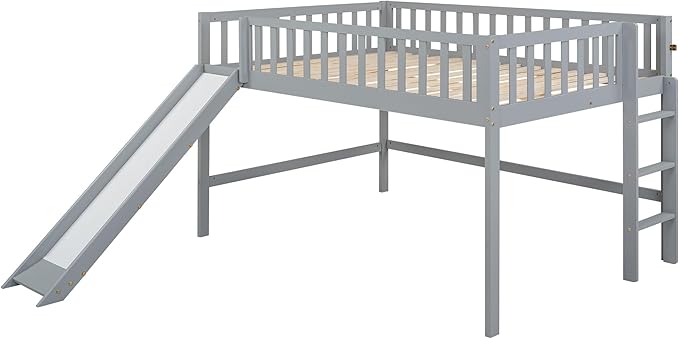 Full Size Low Loft Bed Frame for Boys Girls Kids Adults Toddler for Boys Girls Kids Adults Toddler with Ladder and Slide,Gray