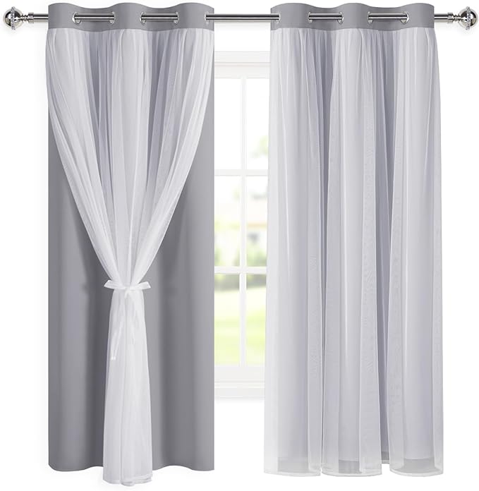 DWCN Double Layered Curtains for Living Room Blackout and Sheer Curtains with Tiebacks Grommet Top Window Curtain Panels with Sheer Overlay for Bedroom, 38 W by 63 L, Grey, 2 Pieces